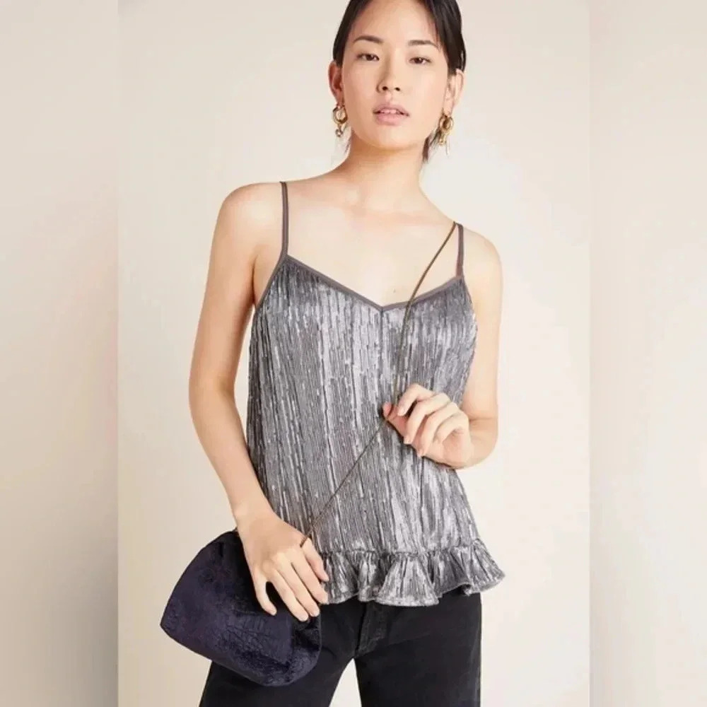 Anthropologie Amelie Beaded Cami Party Silver Sequin Camisole Top Size 0 XS